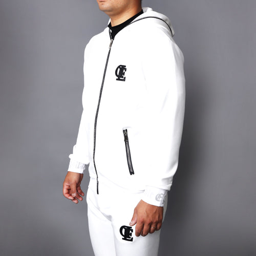 【double E golf】ラインストーン ジップパーカー【ブラック&ホワイト/ユニセックス/フード&手首 ロゴ】