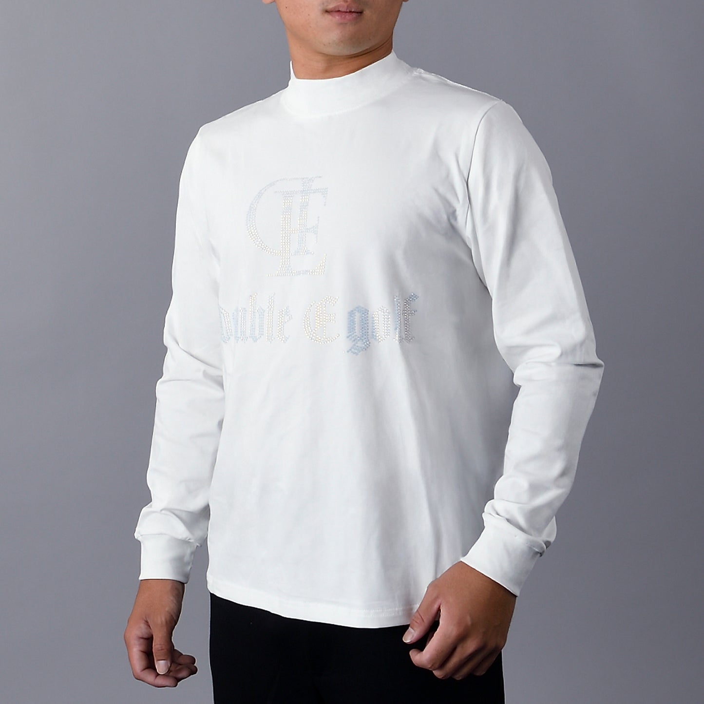 【double E golf】モックネック ロゴシャツ長袖【ラインストーン/ユニセックス】