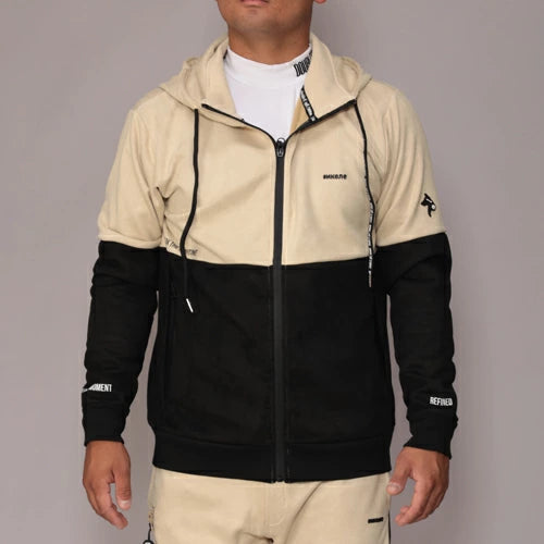 【double E golf】ポリエステルスウェード パーカー メンズ ゴルフウェア 秋冬 防寒 伸縮性 起毛 軽量 スイングしやすい 普段使い ベージュ/ブラック セットアップ対応